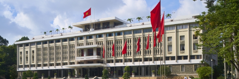 a side view of Independ Palace in Vietnam